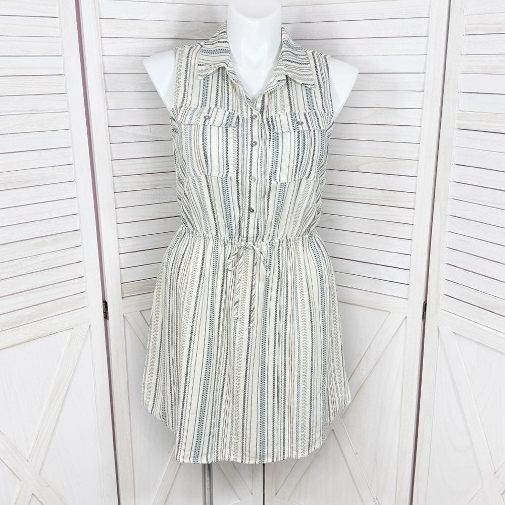 Bebop Striped Linen Blend Sleeveless Shirt Dress Drawstring Waist‎ Cream Blue XL